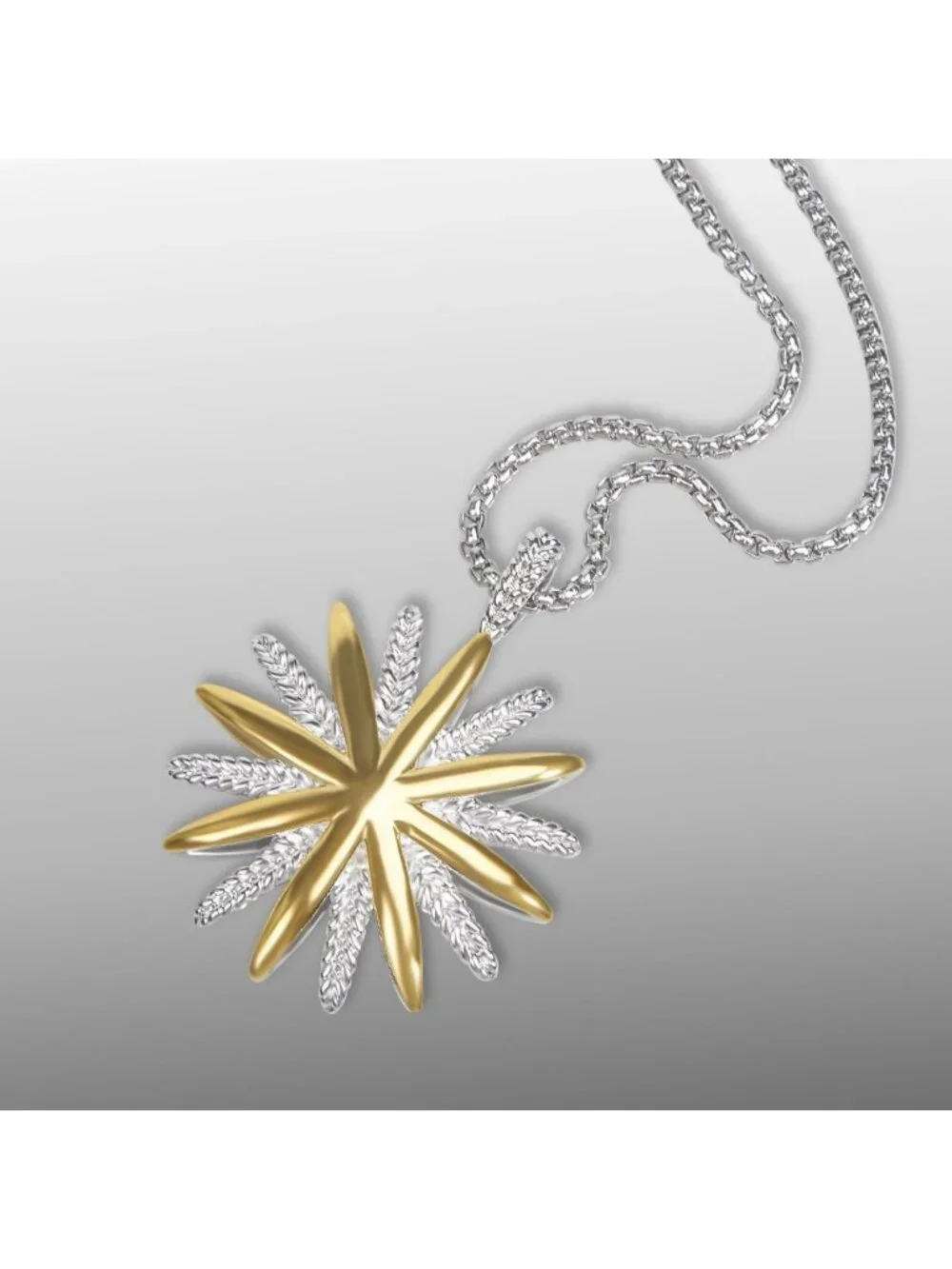 18K Gold Plated Two Tone Wheat Chain Necklace with Starburst Sunflower Pendant